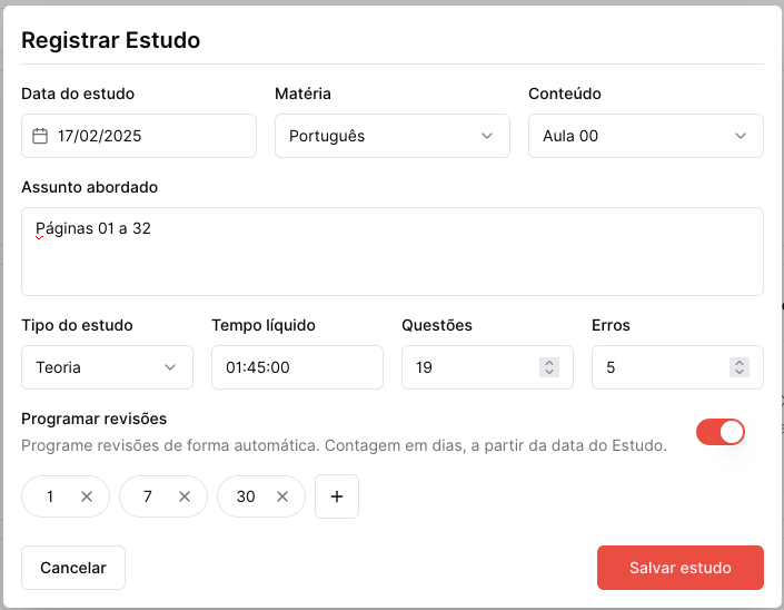 Formulário para cadastro de Acão de Estudo no Rotinize