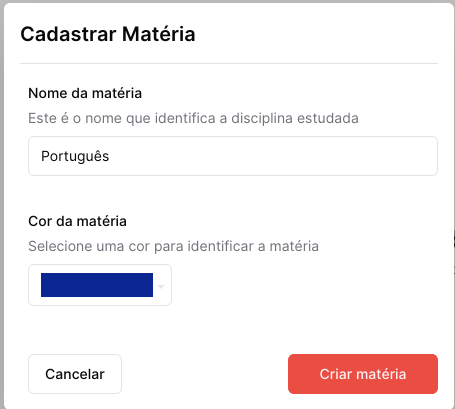 Imagem do formulário de adição de matéria do Rotinize